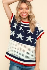 Patriotic Star And Stripe Netted Sweater Top