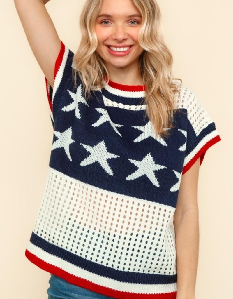 Patriotic Star And Stripe Netted Sweater Top
