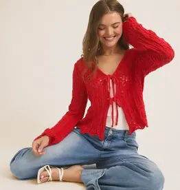 Open Knit Cardigan With Front Tie Bell Sleeve - Available in Berry & Cream