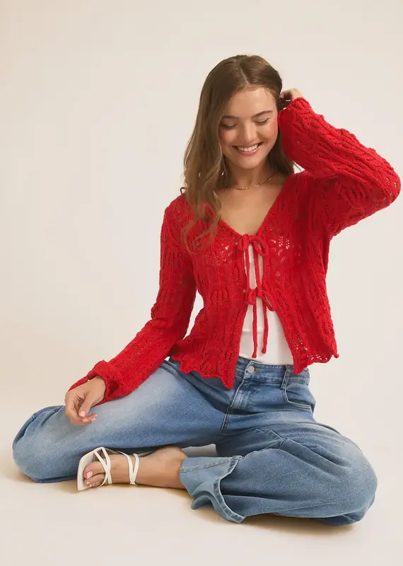 Open Knit Cardigan With Front Tie Bell Sleeve - Available in Berry & Cream