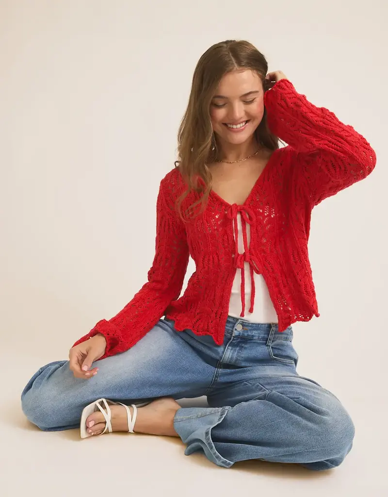 Open Knit Cardigan With Front Tie Bell Sleeve