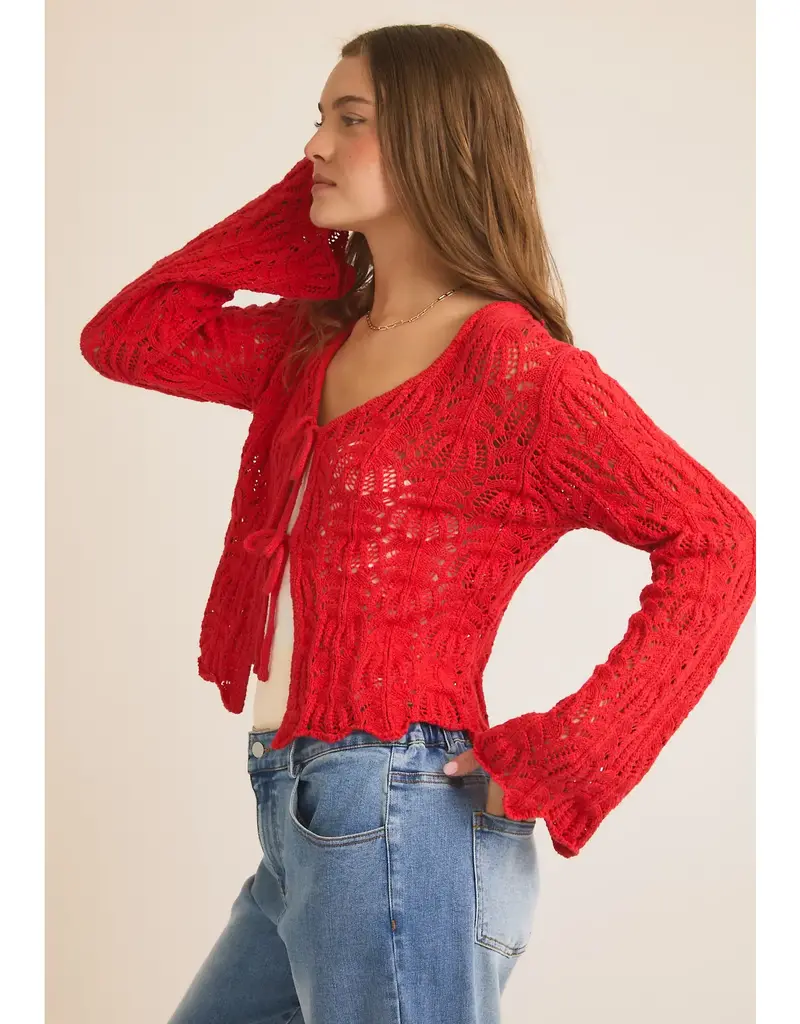 Open Knit Cardigan With Front Tie Bell Sleeve