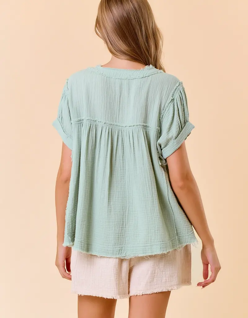 Gauze Short Sleeve Henley Top