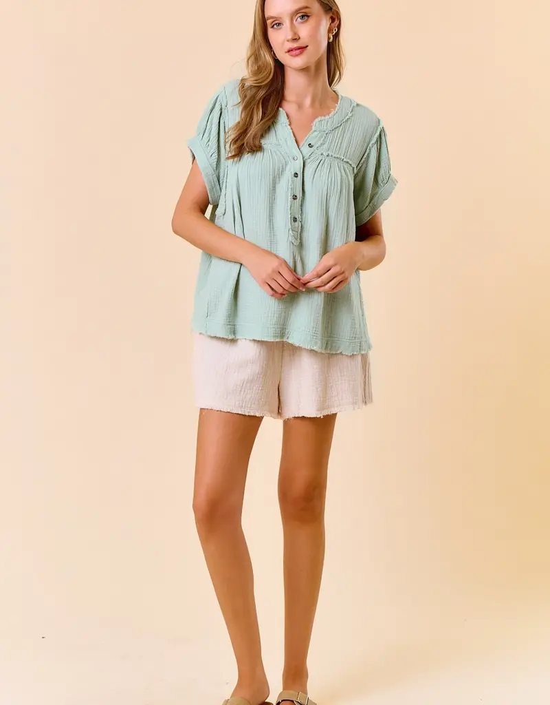 Gauze Short Sleeve Henley Top