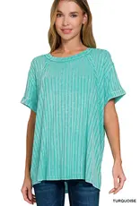 Ribbed Short Sleeve Boat-Neck Top