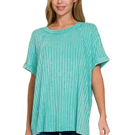 Ribbed Short Sleeve Boat-Neck Top