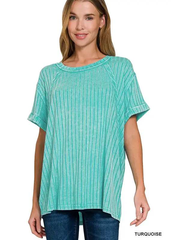 Ribbed Short Sleeve Boat-Neck Top