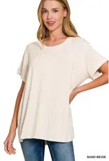 Ribbed Short Sleeve Boat-Neck Top