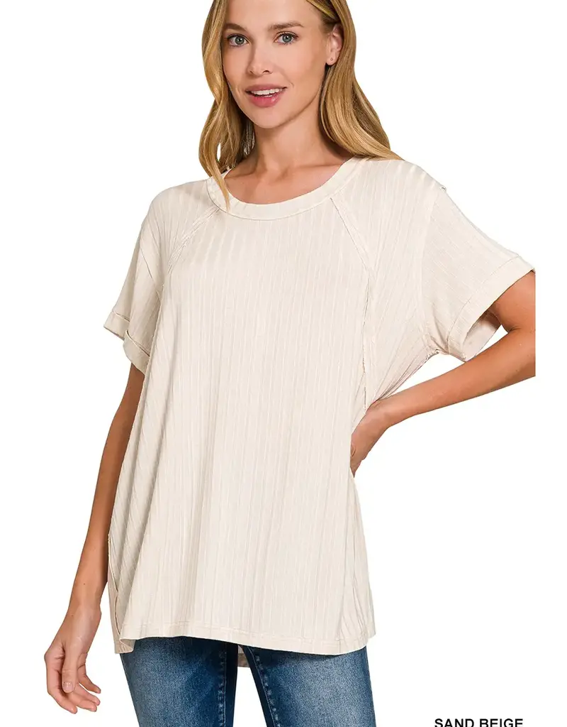 Ribbed Short Sleeve Boat-Neck Top