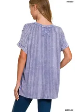 Ribbed Short Sleeve Boat-Neck Top