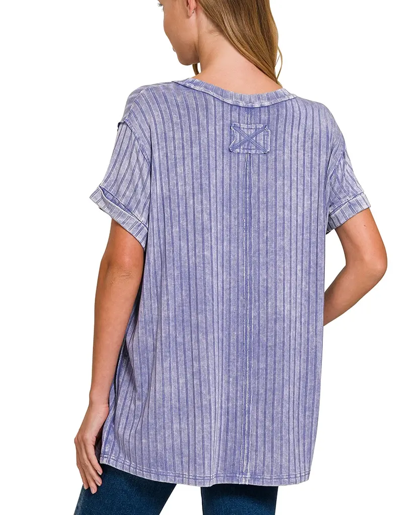 Ribbed Short Sleeve Boat-Neck Top