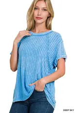 Ribbed Short Sleeve Boat-Neck Top