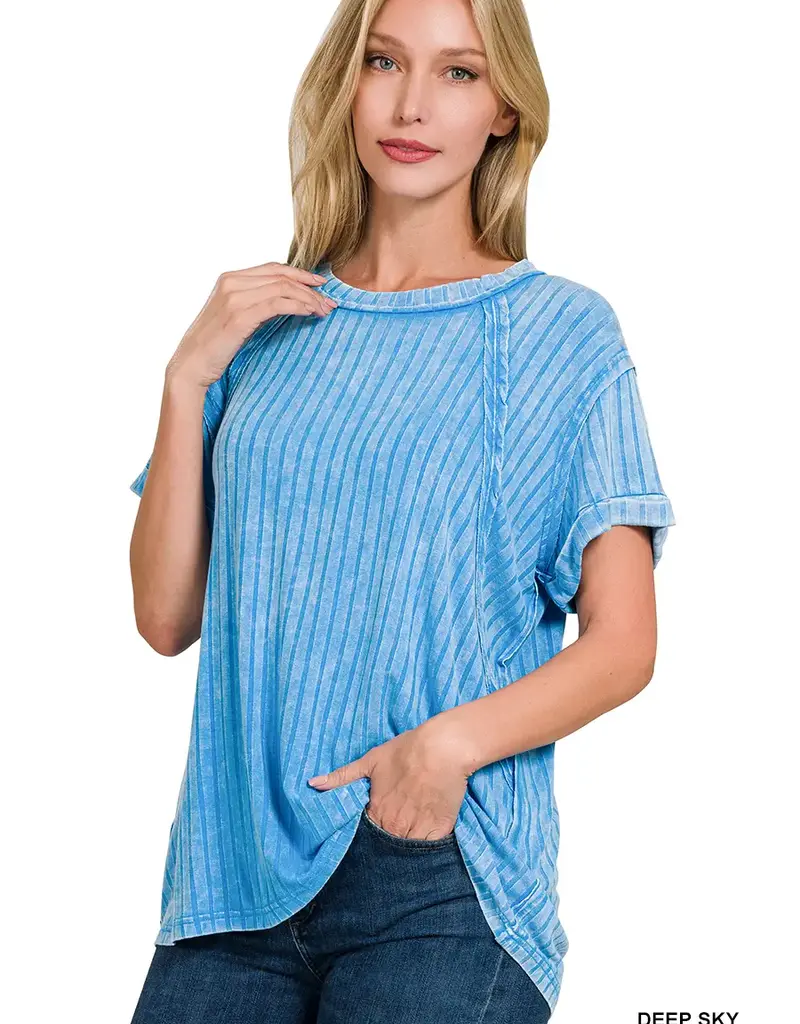 Ribbed Short Sleeve Boat-Neck Top