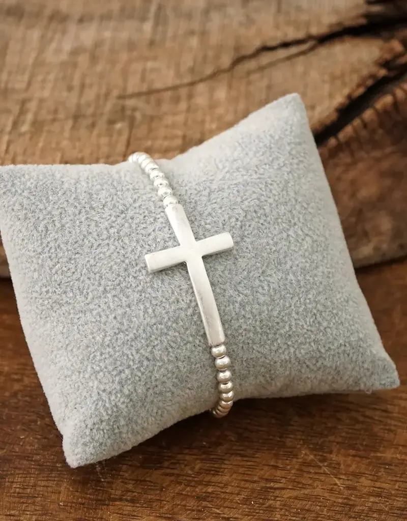 Cross Stretchy Bracelet -  Worn Silver