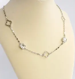 Clover Station Dainty Short Necklace with Crystals - Silver