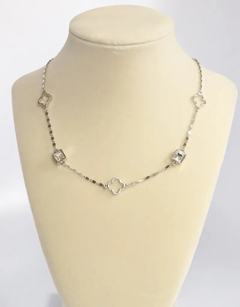 Clover Station Dainty Short Necklace with Crystals - Gold