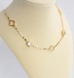 Clover Station Dainty Short Necklace with Crystals - Gold