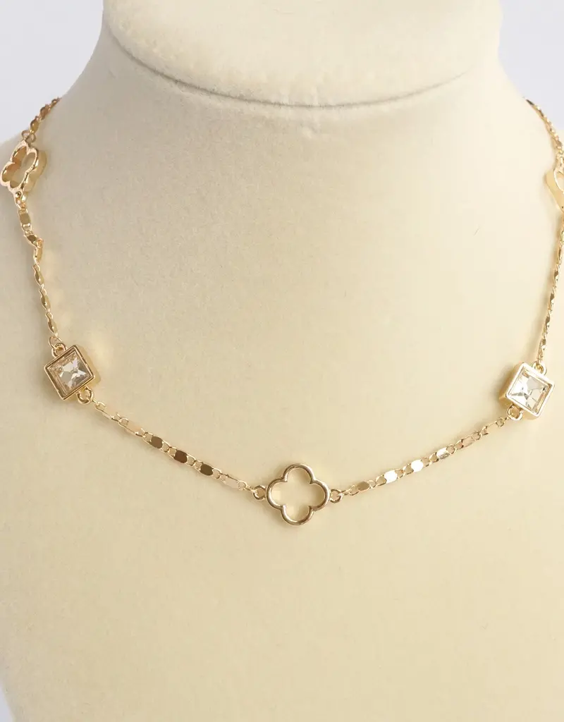 Clover Station Dainty Short Necklace with Crystals - Gold