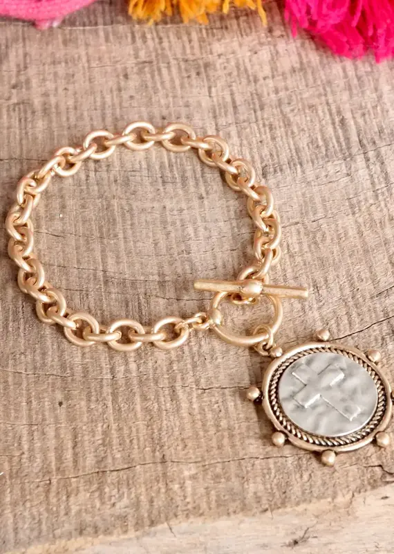 Cross Coin Chain Bracelet Toggle Closure - Gold