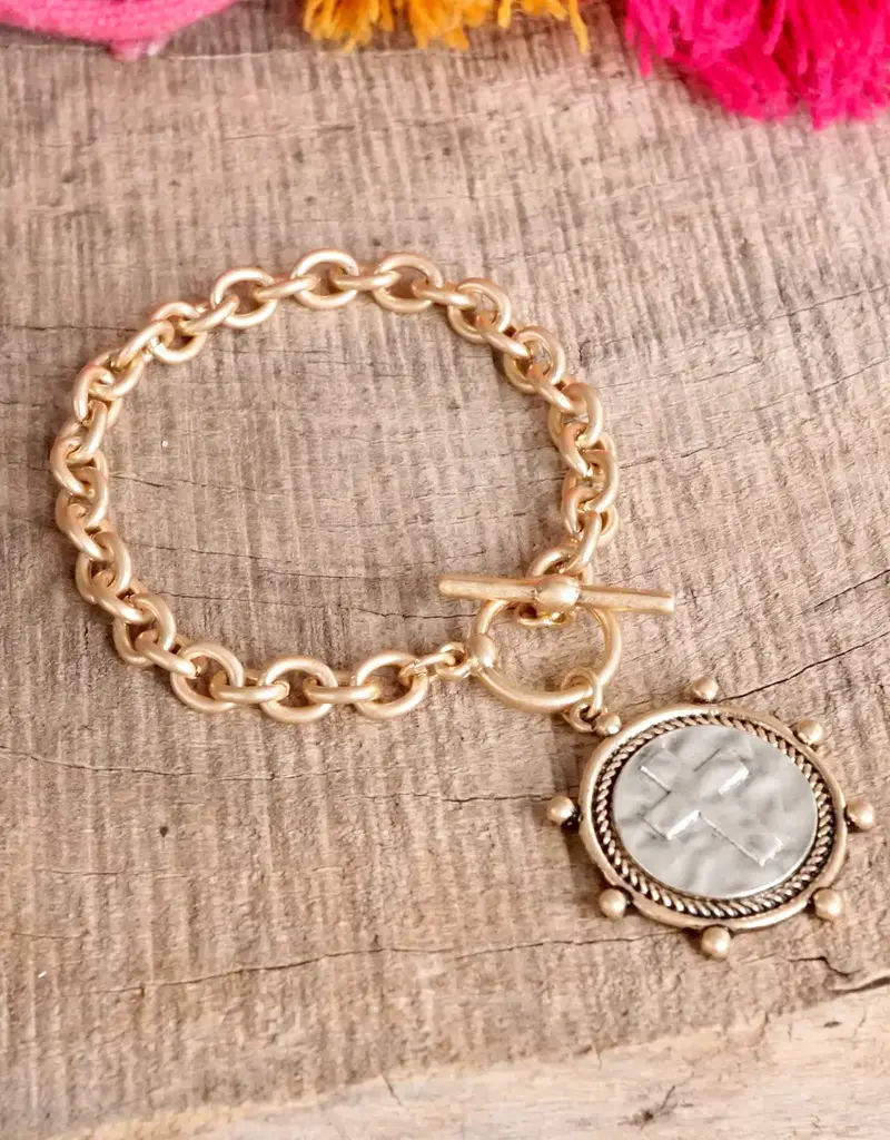 Cross Coin Chain Bracelet Toggle Closure - Gold