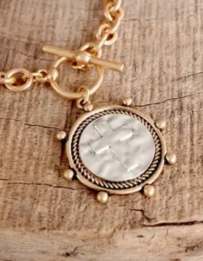Cross Coin Chain Bracelet Toggle Closure - Gold