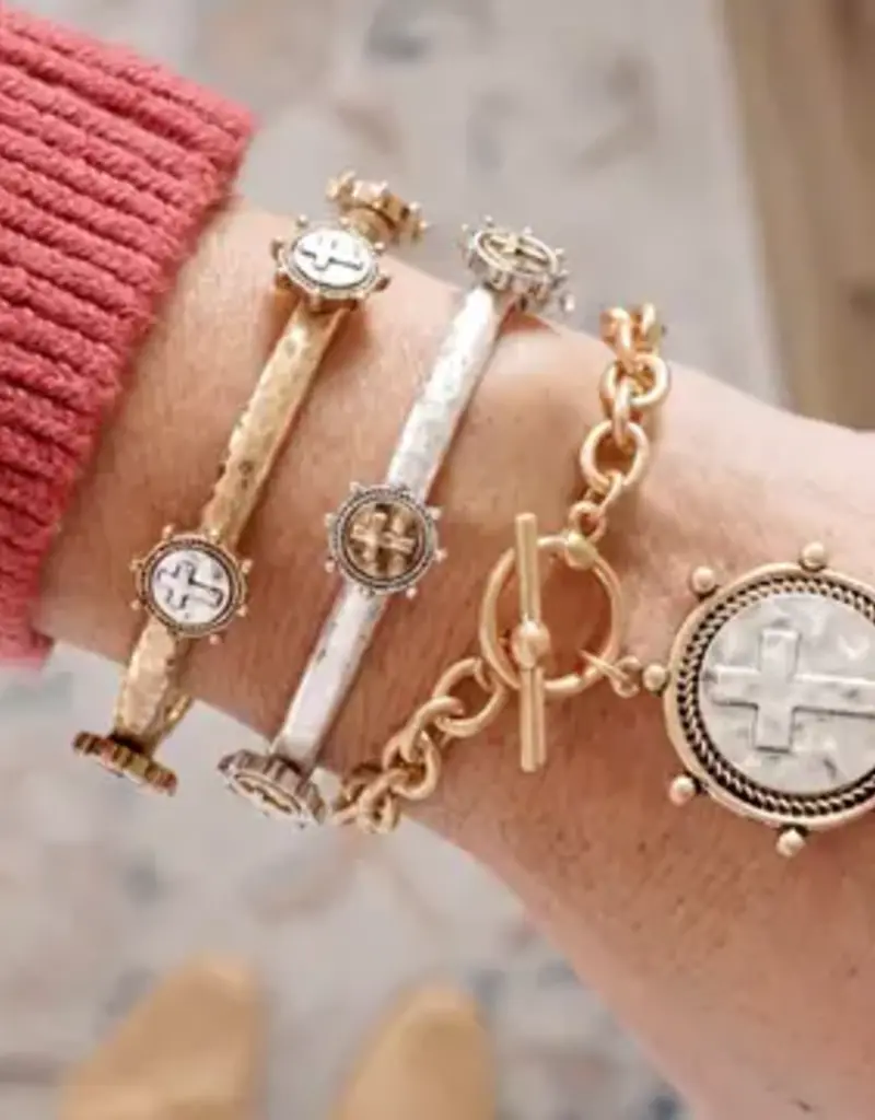 Cross Coin Chain Bracelet Toggle Closure - Gold