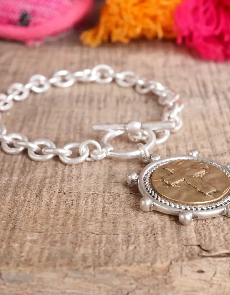 Cross Coin Chain Bracelet Toggle Closure - Silver