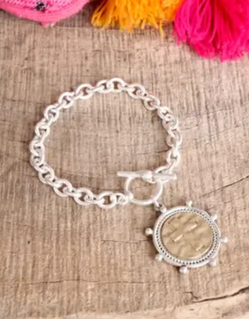 Cross Coin Chain Bracelet Toggle Closure - Silver