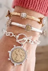 Cross Coin Chain Bracelet Toggle Closure - Silver