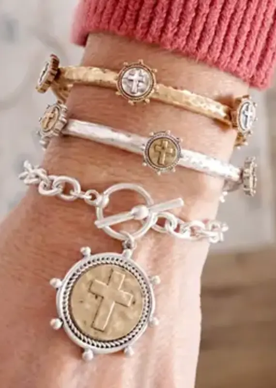 Cross Coin Chain Bracelet Toggle Closure - Silver
