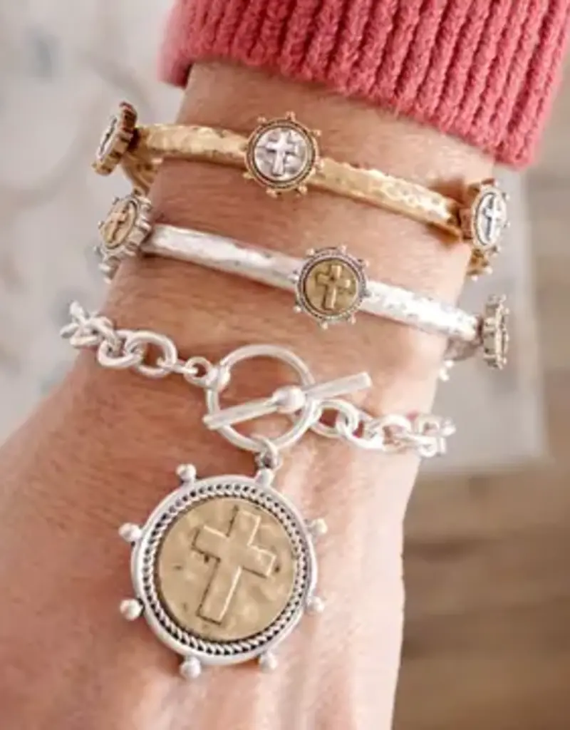 Cross Coin Chain Bracelet Toggle Closure - Silver