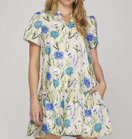 WOVEN FLORAL PRINT V NECK DRESS W/ POCKETS / FULL LINING