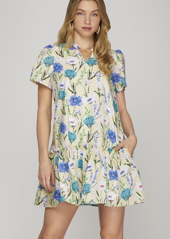 WOVEN FLORAL PRINT V NECK DRESS W/ POCKETS / FULL LINING
