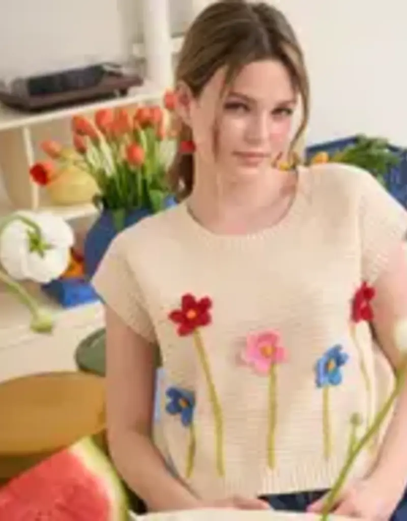 3D Crochet Floral Short Sleeve Sweater Top
