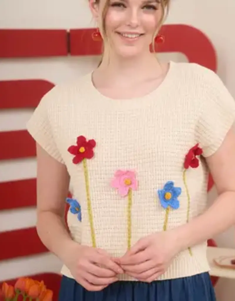 3D Crochet Floral Short Sleeve Sweater Top