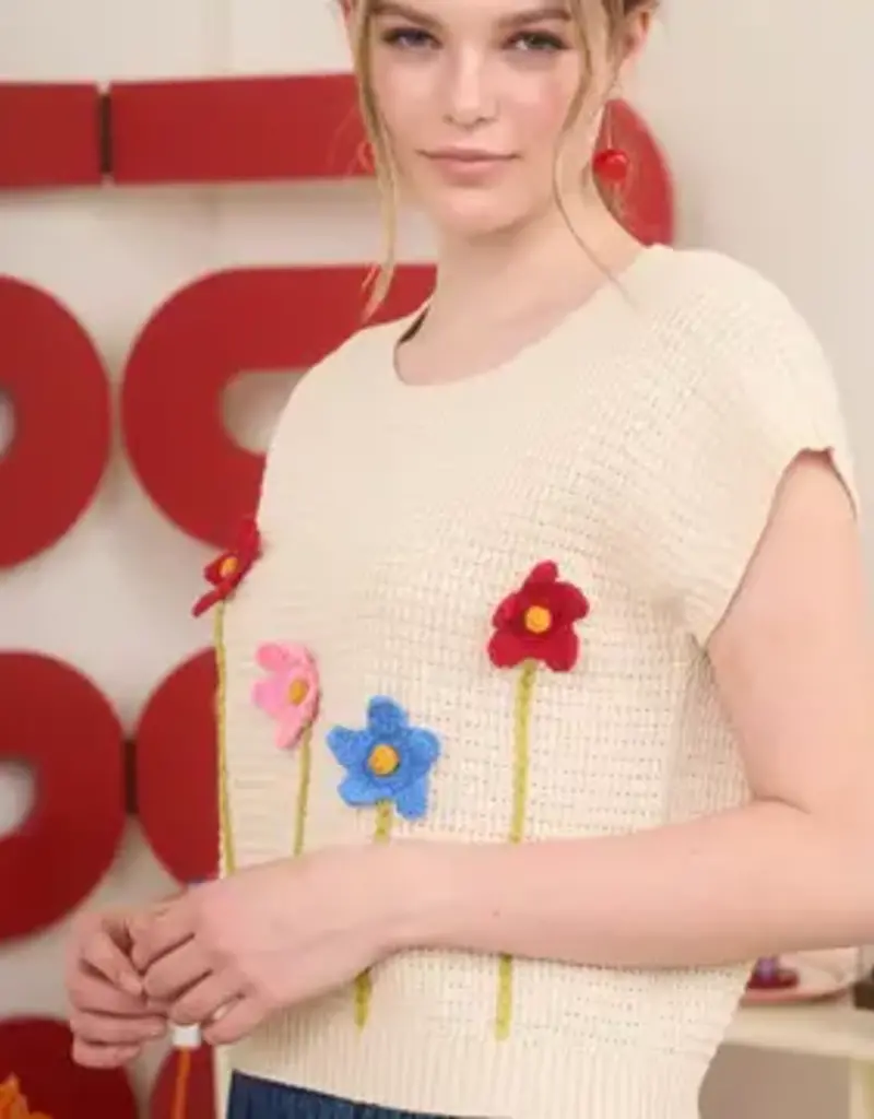 3D Crochet Floral Short Sleeve Sweater Top