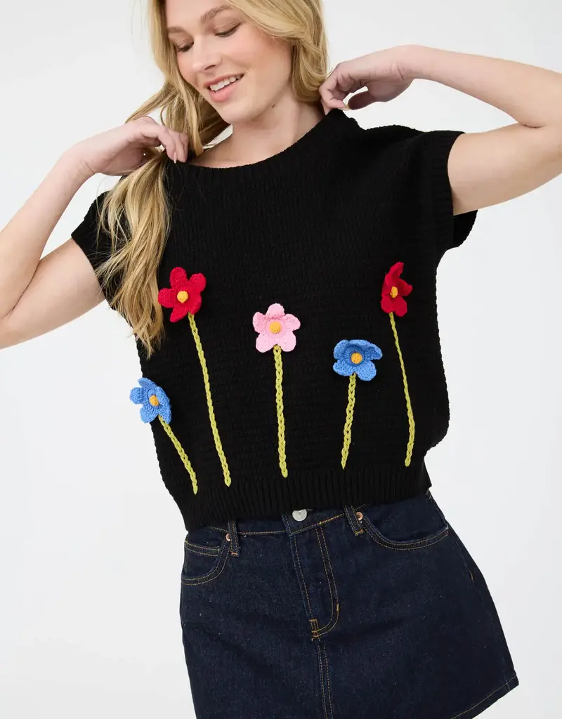 3D Crochet Floral Short Sleeve Sweater Top