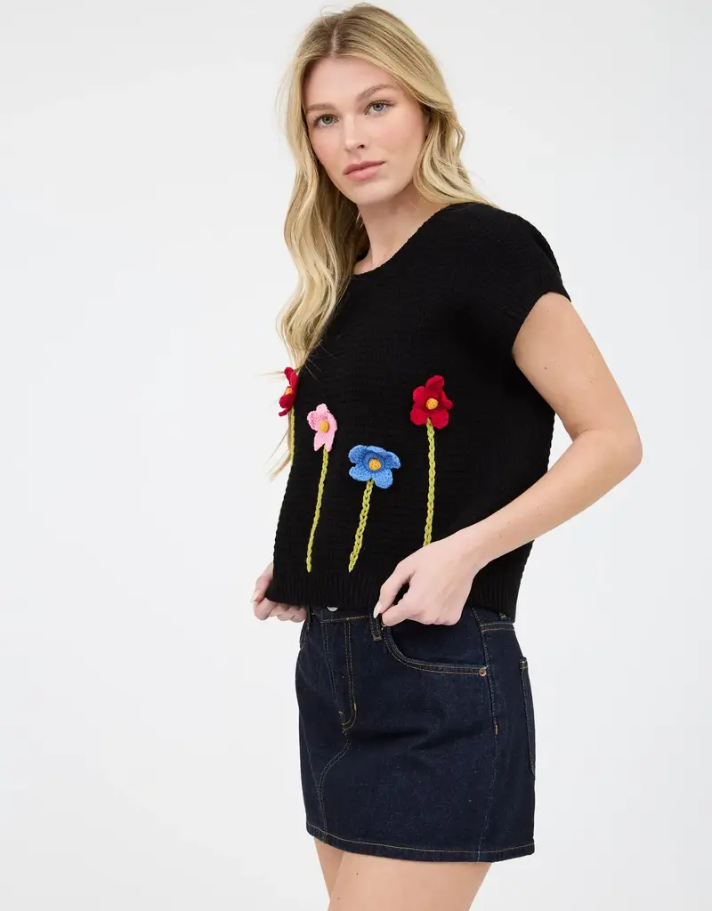 3D Crochet Floral Short Sleeve Sweater Top