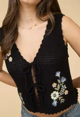Floral Embroidery Front Tie Crochet Vest Top