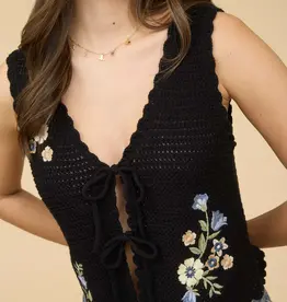 Floral Embroidery Front Tie Crochet Vest Top