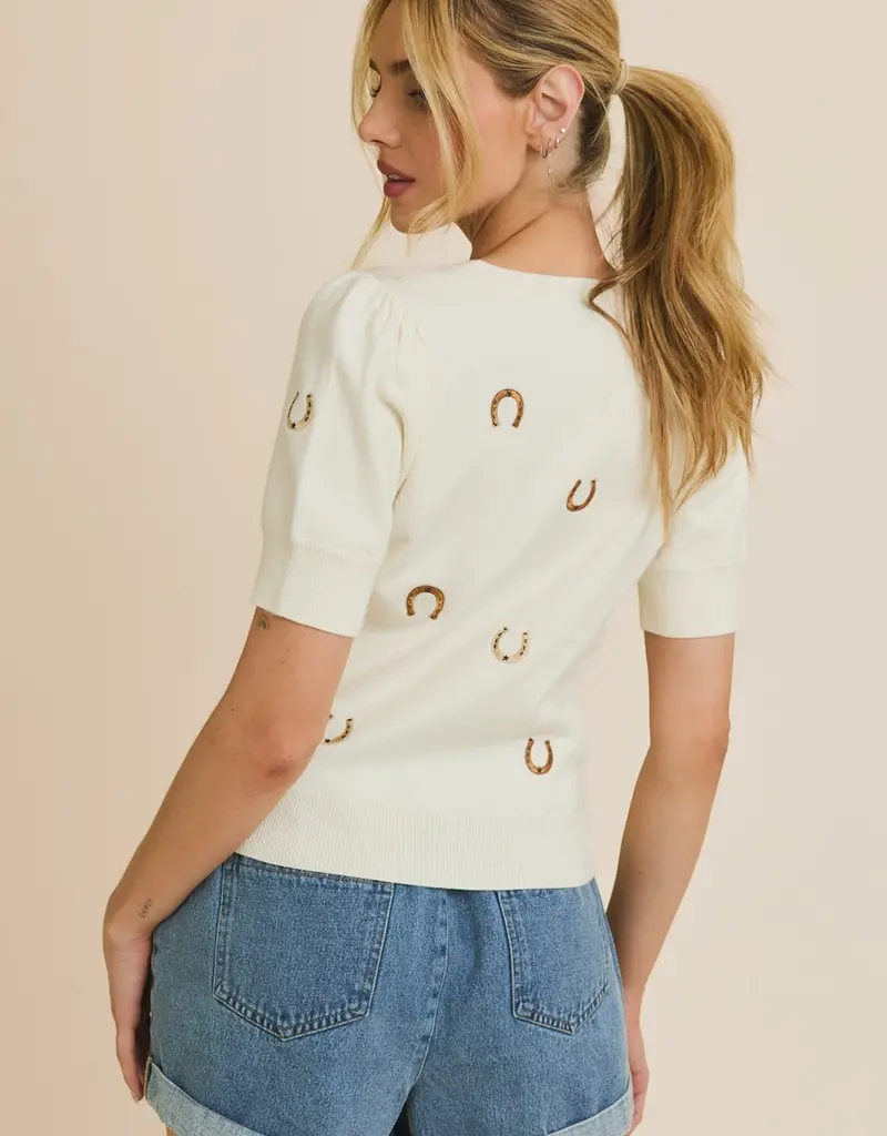 Puff Sleeve Embroidered Knit Top