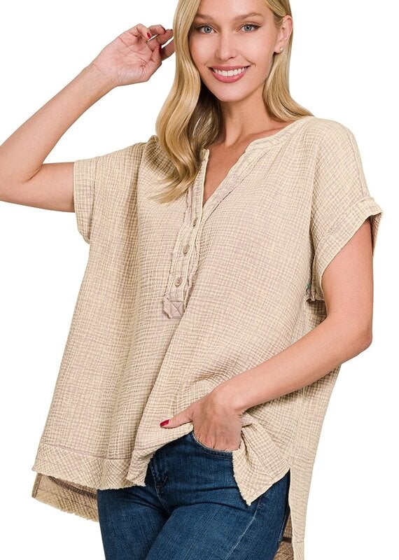 Gauze 3/4 Button Henley Neck Top