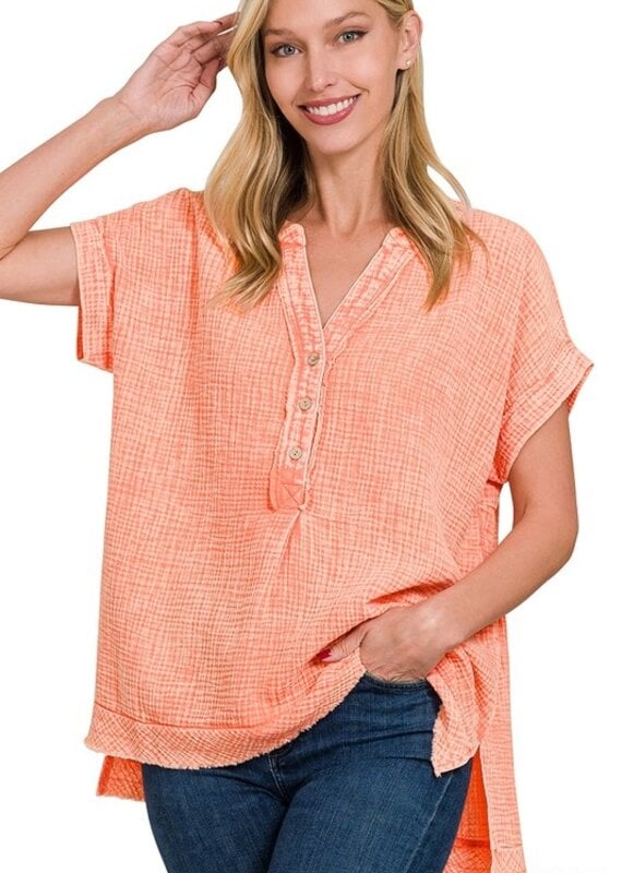 Gauze 3/4 Button Henley Neck Top