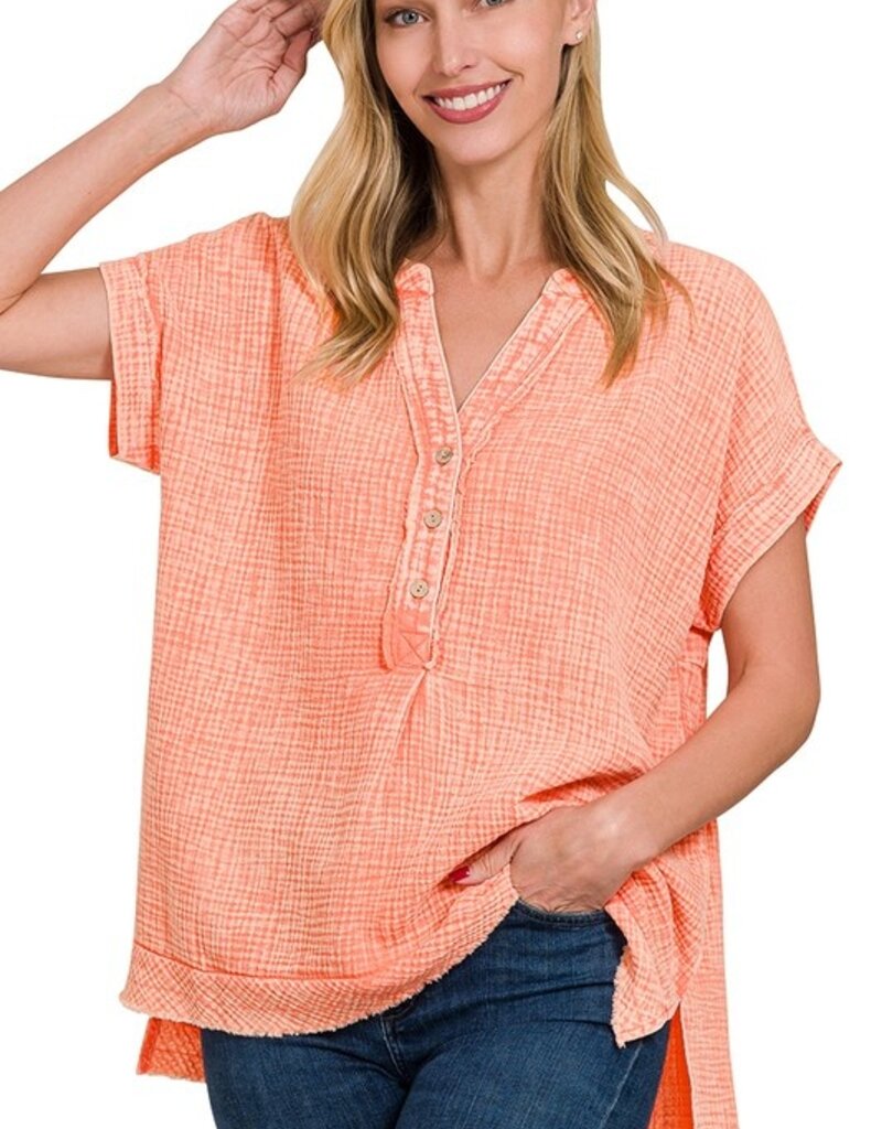 Gauze 3/4 Button Henley Neck Top