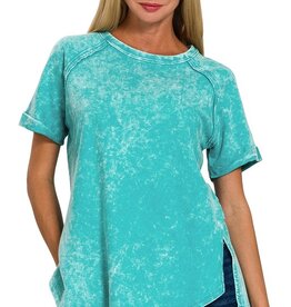 Acid Wash Cuff Sleeve Pullover Available in 3 Colors -Teal-Candy-Sand