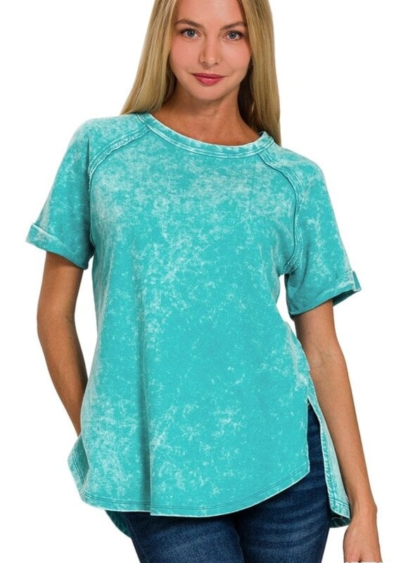 Acid Wash Cuff Sleeve Pullover Available in 3 Colors -Teal-Candy-Sand