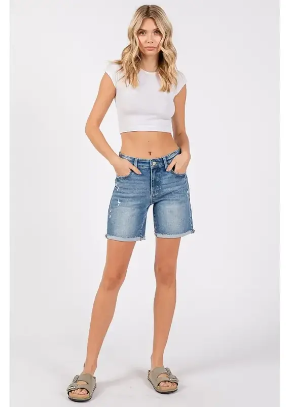 Petra Mid Rise Stretch 7-INCH Midi Shorts w/ Cuffed Hem