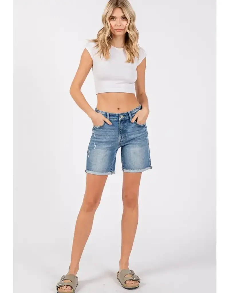 Petra Mid Rise Stretch 7-INCH Midi Shorts w/ Cuffed Hem