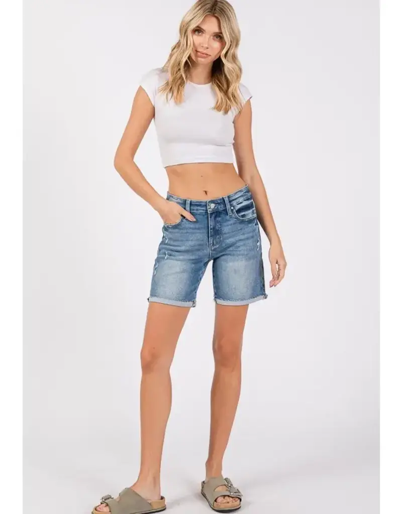 Petra Mid Rise Stretch 7-INCH Midi Shorts w/ Cuffed Hem