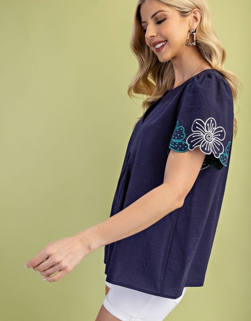 Good Vibes Notched Neck Pleated Top